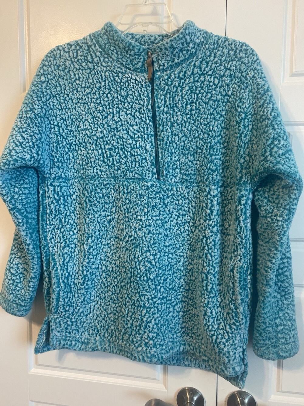 Time And Tru Womens Turquoise Teal Sherpa Pullover 1/4 Zip Pockets Medium 8-10